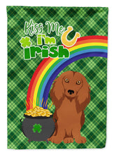 Load image into Gallery viewer, Longhair Red Dachshund St. Patrick's Garden Flag – "Kiss Me I’m Irish" with Pot of Gold &amp; Rainbow