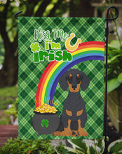 Load image into Gallery viewer, Black and Tan Dachshund St. Patrick's Garden Flag – "Kiss Me I’m Irish" with Pot of Gold &amp; Rainbow