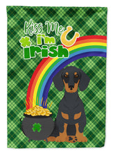 Load image into Gallery viewer, Black and Tan Dachshund St. Patrick's Garden Flag – "Kiss Me I’m Irish" with Pot of Gold &amp; Rainbow