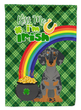 Load image into Gallery viewer, Black Dapple Dachshund St. Patrick's Garden Flag – "Kiss Me I’m Irish" with Pot of Gold &amp; Rainbow