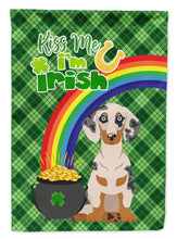 Load image into Gallery viewer, Cream Dapple Dachshund St. Patrick's Garden Flag – "Kiss Me I’m Irish" with Pot of Gold &amp; Rainbow