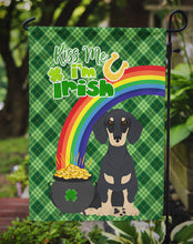 Load image into Gallery viewer, Black and Cream Dachshund St. Patrick's Garden Flag – "Kiss Me I’m Irish" with Pot of Gold &amp; Rainbow