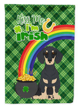Load image into Gallery viewer, Black and Cream Dachshund St. Patrick's Garden Flag – "Kiss Me I’m Irish" with Pot of Gold &amp; Rainbow