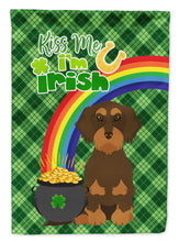 Load image into Gallery viewer, Wirehair Chocolate and Tan Dachshund St. Patrick's Garden Flag – "Kiss Me I’m Irish" with Pot of Gold &amp; Rainbow