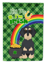 Load image into Gallery viewer, Wirehair Black and Cream Dachshund St. Patrick's Garden Flag – "Kiss Me I’m Irish" with Pot of Gold &amp; Rainbow