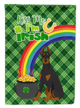 Load image into Gallery viewer, Black and Tan Doberman Pinscher St. Patrick's Garden Flag – "Kiss Me I’m Irish" with Pot of Gold &amp; Rainbow