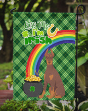 Load image into Gallery viewer, Red and Tan Doberman Pinscher St. Patrick's Garden Flag – "Kiss Me I’m Irish" with Pot of Gold &amp; Rainbow