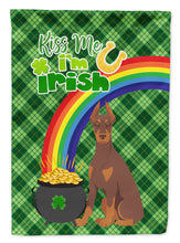 Load image into Gallery viewer, Red and Tan Doberman Pinscher St. Patrick's Garden Flag – "Kiss Me I’m Irish" with Pot of Gold &amp; Rainbow