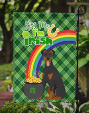 Load image into Gallery viewer, Natural Ear Black and Tan Doberman Pinscher St. Patrick's Garden Flag – "Kiss Me I’m Irish" with Pot of Gold &amp; Rainbow