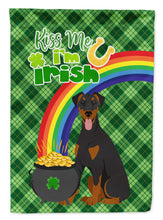 Load image into Gallery viewer, Natural Ear Black and Tan Doberman Pinscher St. Patrick's Garden Flag – "Kiss Me I’m Irish" with Pot of Gold &amp; Rainbow