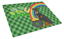 Load image into Gallery viewer, Natural Ear Black and Tan Doberman Pinscher St. Patrick's Day Glass Cutting Boards – Durable, Decorative Kitchen Art Large