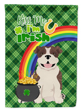 Load image into Gallery viewer, Brindle English Bulldog St. Patrick's Garden Flag – "Kiss Me I’m Irish" with Pot of Gold &amp; Rainbow