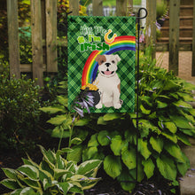 Load image into Gallery viewer, Piebald English Bulldog St. Patrick's Garden Flag – "Kiss Me I’m Irish" with Pot of Gold &amp; Rainbow