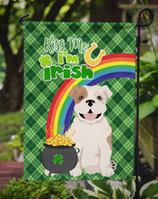 Load image into Gallery viewer, Piebald English Bulldog St. Patrick's Garden Flag – "Kiss Me I’m Irish" with Pot of Gold &amp; Rainbow