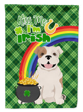 Load image into Gallery viewer, Piebald English Bulldog St. Patrick's Garden Flag – "Kiss Me I’m Irish" with Pot of Gold &amp; Rainbow