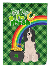 Load image into Gallery viewer, Black English Springer Spaniel St. Patrick's Garden Flag – "Kiss Me I’m Irish" with Pot of Gold &amp; Rainbow