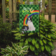 Load image into Gallery viewer, Black and White French Bulldog St. Patrick's Garden Flag – "Kiss Me I’m Irish" with Pot of Gold &amp; Rainbow