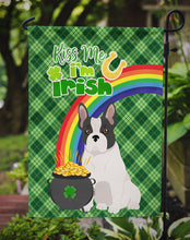 Load image into Gallery viewer, Black and White French Bulldog St. Patrick's Garden Flag – "Kiss Me I’m Irish" with Pot of Gold &amp; Rainbow