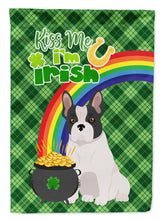 Load image into Gallery viewer, Black and White French Bulldog St. Patrick's Garden Flag – "Kiss Me I’m Irish" with Pot of Gold &amp; Rainbow