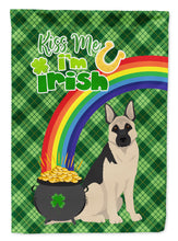 Load image into Gallery viewer, Black and Silver German Shepherd St. Patrick's Garden Flag – "Kiss Me I’m Irish" with Pot of Gold &amp; Rainbow
