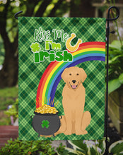 Load image into Gallery viewer, Gold Golden Retriever St. Patrick's Garden Flag – "Kiss Me I’m Irish" with Pot of Gold &amp; Rainbow