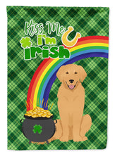 Load image into Gallery viewer, Gold Golden Retriever St. Patrick's Garden Flag – "Kiss Me I’m Irish" with Pot of Gold &amp; Rainbow