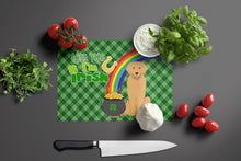 Load image into Gallery viewer, Gold Golden Retriever St. Patrick's Day Glass Cutting Boards – Durable, Decorative Kitchen Art Large