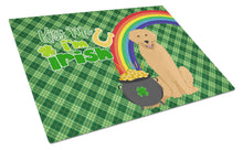 Load image into Gallery viewer, Gold Golden Retriever St. Patrick's Day Glass Cutting Boards – Durable, Decorative Kitchen Art Large