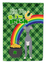 Load image into Gallery viewer, Gray Italian Greyhound St. Patrick's Garden Flag – "Kiss Me I’m Irish" with Pot of Gold &amp; Rainbow