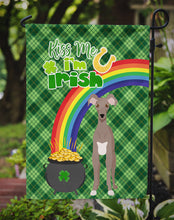 Load image into Gallery viewer, Fawn Italian Greyhound St. Patrick's Garden Flag – "Kiss Me I’m Irish" with Pot of Gold &amp; Rainbow