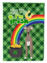 Load image into Gallery viewer, Fawn Italian Greyhound St. Patrick's Garden Flag – "Kiss Me I’m Irish" with Pot of Gold &amp; Rainbow