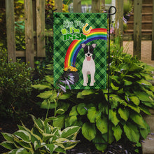 Load image into Gallery viewer, Black White Smooth Jack Russell Terrier St. Patrick's Garden Flag – "Kiss Me I’m Irish" with Pot of Gold &amp; Rainbow