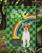 Load image into Gallery viewer, Brown White Smooth Jack Russell Terrier St. Patrick's Garden Flag – "Kiss Me I’m Irish" with Pot of Gold &amp; Rainbow