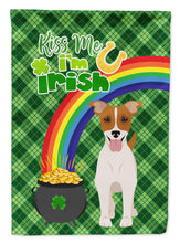 Load image into Gallery viewer, Brown White Smooth Jack Russell Terrier St. Patrick's Garden Flag – "Kiss Me I’m Irish" with Pot of Gold &amp; Rainbow