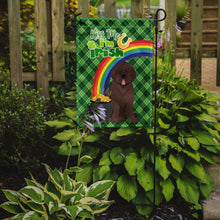 Load image into Gallery viewer, Brown Newfoundland St. Patrick's Garden Flag – "Kiss Me I’m Irish" with Pot of Gold &amp; Rainbow