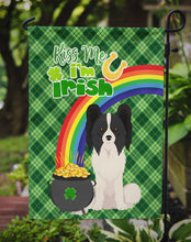 Load image into Gallery viewer, Black and White Papillon St. Patrick's Garden Flag – "Kiss Me I’m Irish" with Pot of Gold &amp; Rainbow