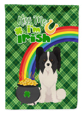 Load image into Gallery viewer, Black and White Papillon St. Patrick's Garden Flag – "Kiss Me I’m Irish" with Pot of Gold &amp; Rainbow