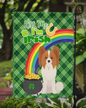 Load image into Gallery viewer, Red and White Papillon St. Patrick's Garden Flag – "Kiss Me I’m Irish" with Pot of Gold &amp; Rainbow