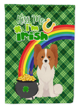 Load image into Gallery viewer, Red and White Papillon St. Patrick's Garden Flag – "Kiss Me I’m Irish" with Pot of Gold &amp; Rainbow