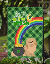 Load image into Gallery viewer, Gold Pekingese St. Patrick's Garden Flag – "Kiss Me I’m Irish" with Pot of Gold &amp; Rainbow