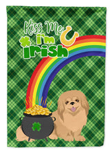 Load image into Gallery viewer, Gold Pekingese St. Patrick's Garden Flag – "Kiss Me I’m Irish" with Pot of Gold &amp; Rainbow