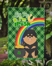 Load image into Gallery viewer, Black and Tan Pomeranian St. Patrick's Garden Flag – "Kiss Me I’m Irish" with Pot of Gold &amp; Rainbow