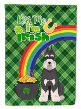 Load image into Gallery viewer, Black and Silver Schnauzer St. Patrick's Garden Flag – "Kiss Me I’m Irish" with Pot of Gold &amp; Rainbow