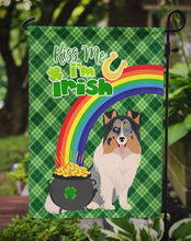 Load image into Gallery viewer, Blue Merle Sheltie St. Patrick's Garden Flag – "Kiss Me I’m Irish" with Pot of Gold &amp; Rainbow