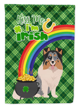 Load image into Gallery viewer, Blue Merle Sheltie St. Patrick's Garden Flag – "Kiss Me I’m Irish" with Pot of Gold &amp; Rainbow
