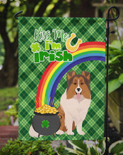 Load image into Gallery viewer, Sable Sheltie St. Patrick's Garden Flag – "Kiss Me I’m Irish" with Pot of Gold &amp; Rainbow