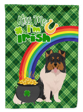 Load image into Gallery viewer, Tricolor Sheltie St. Patrick's Garden Flag – "Kiss Me I’m Irish" with Pot of Gold &amp; Rainbow