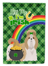Load image into Gallery viewer, Gold and White Shih Tzu St. Patrick's Garden Flag – "Kiss Me I’m Irish" with Pot of Gold &amp; Rainbow