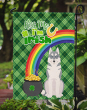 Load image into Gallery viewer, Grey Siberian Husky St. Patrick's Garden Flag – "Kiss Me I’m Irish" with Pot of Gold &amp; Rainbow