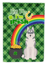 Load image into Gallery viewer, Grey Siberian Husky St. Patrick's Garden Flag – "Kiss Me I’m Irish" with Pot of Gold &amp; Rainbow